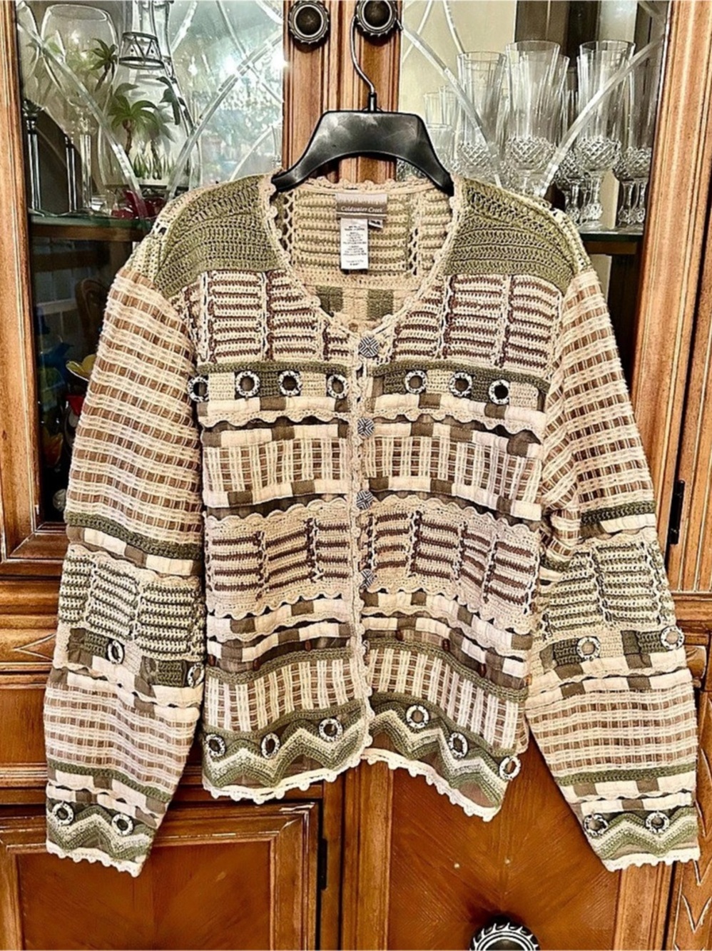 Coldwater Creek Textured Geometric Cardigan Green & Brown - Picture 1 of 5
